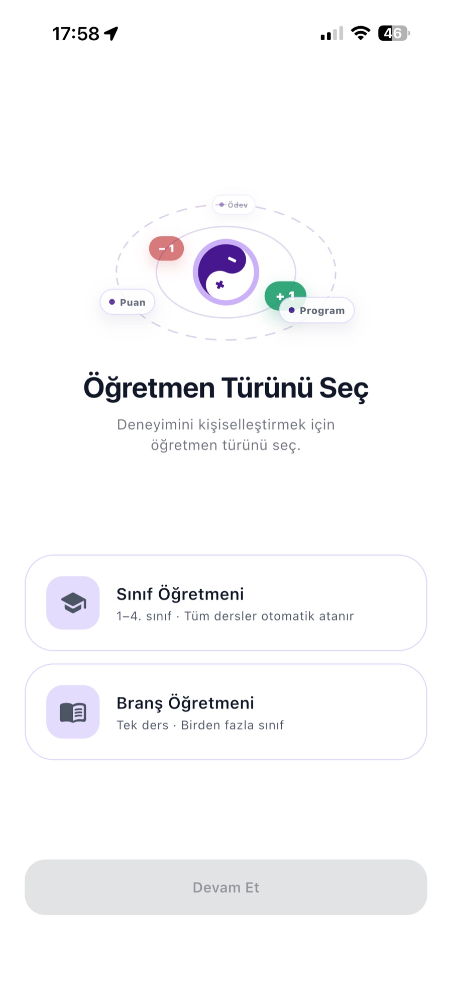 Öğretmen türünü seçme ekranı