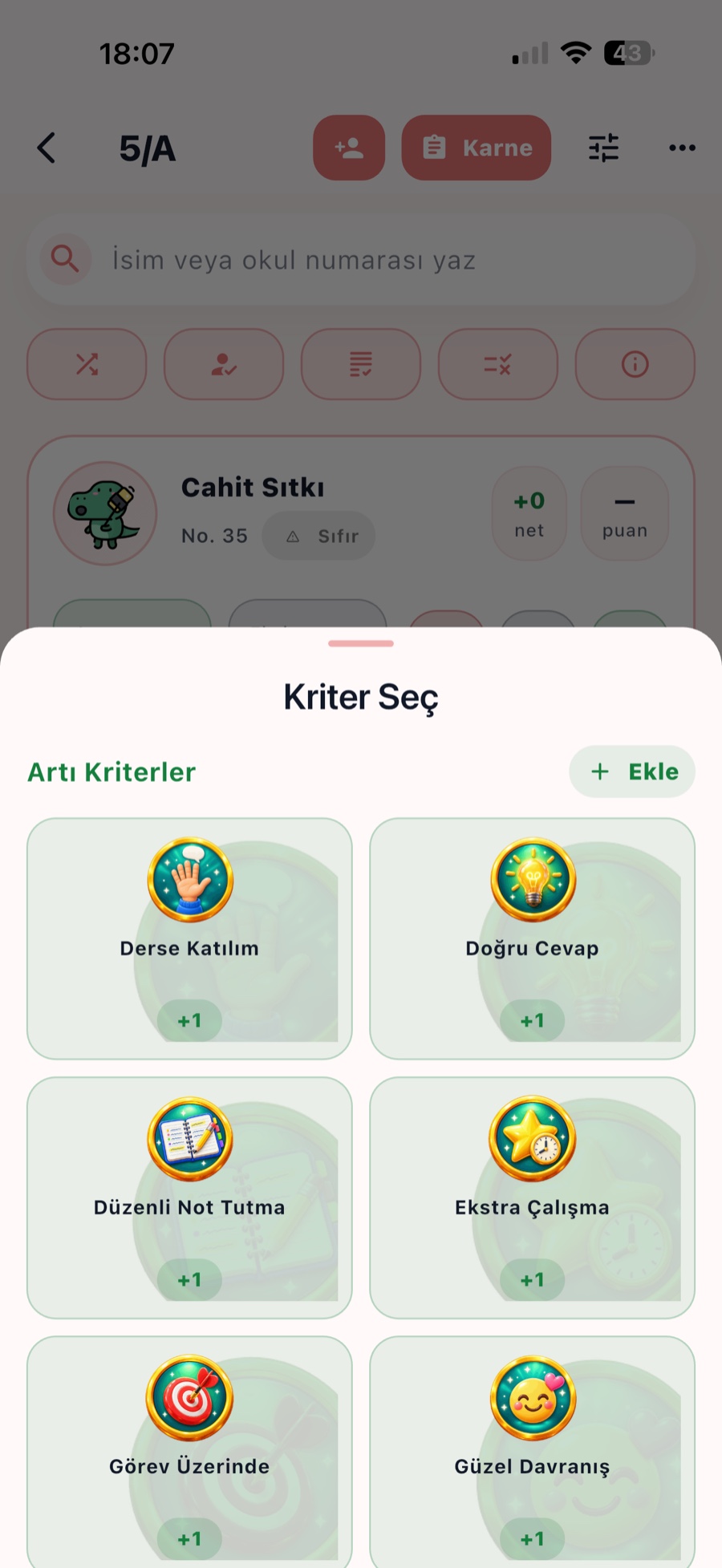 Artı kriterleri seçme ekranı
