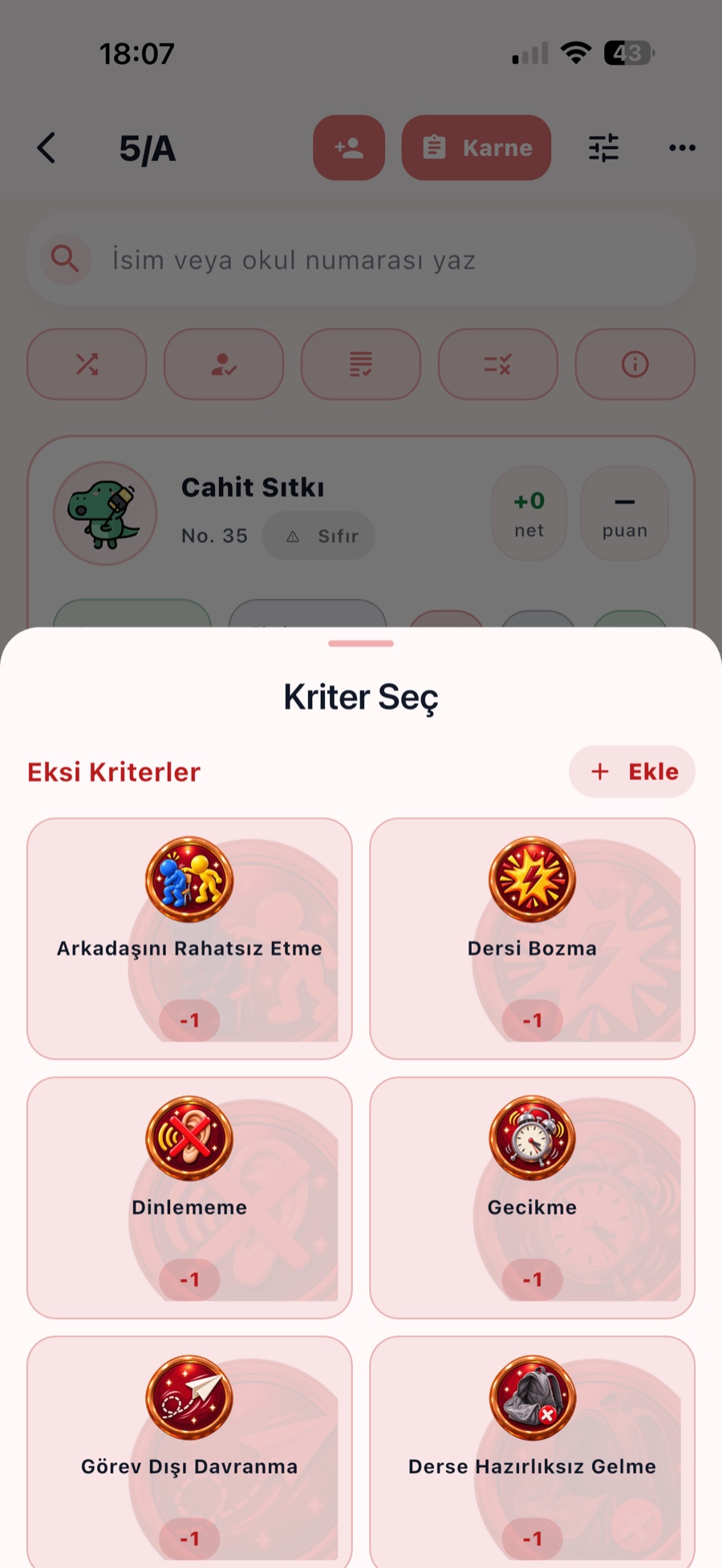 Eksi kriterleri seçme ekranı