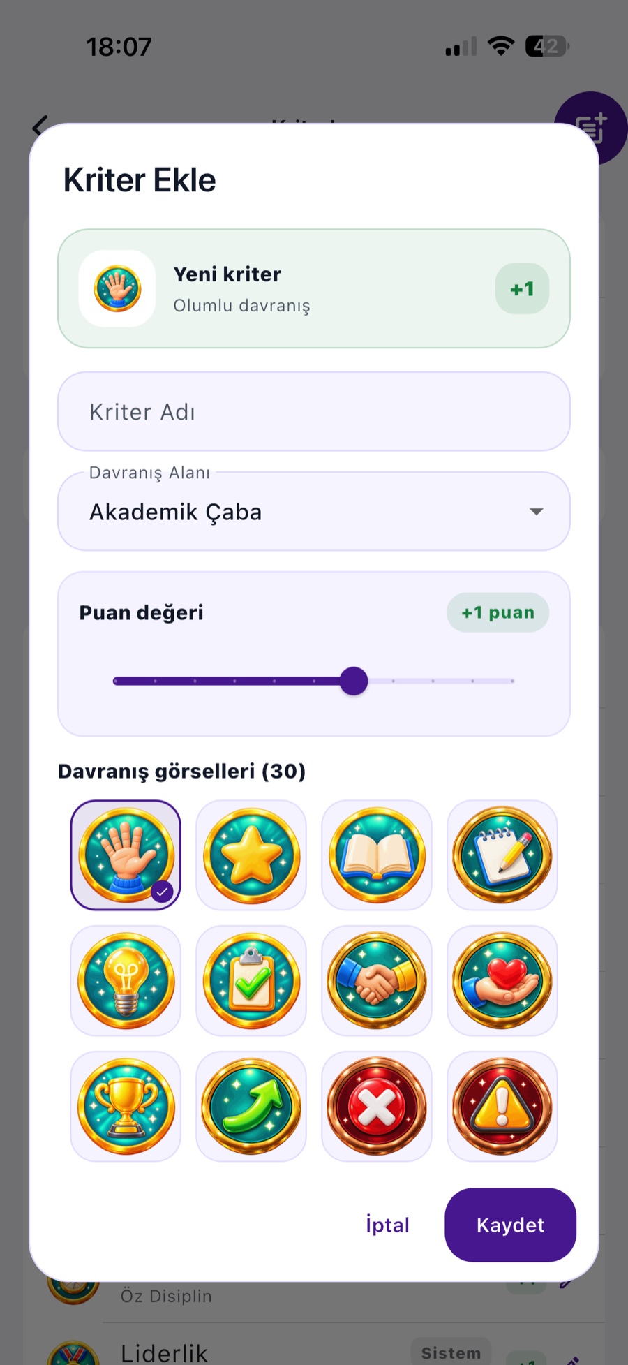 Yeni kriter ekleme ekranı