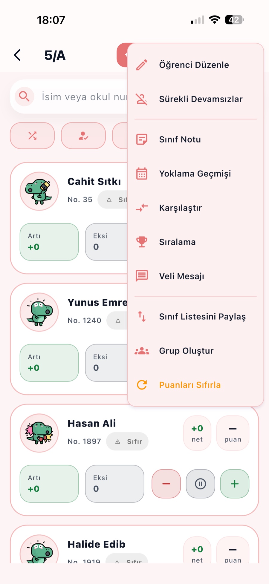 Sınıf araçları menüsü