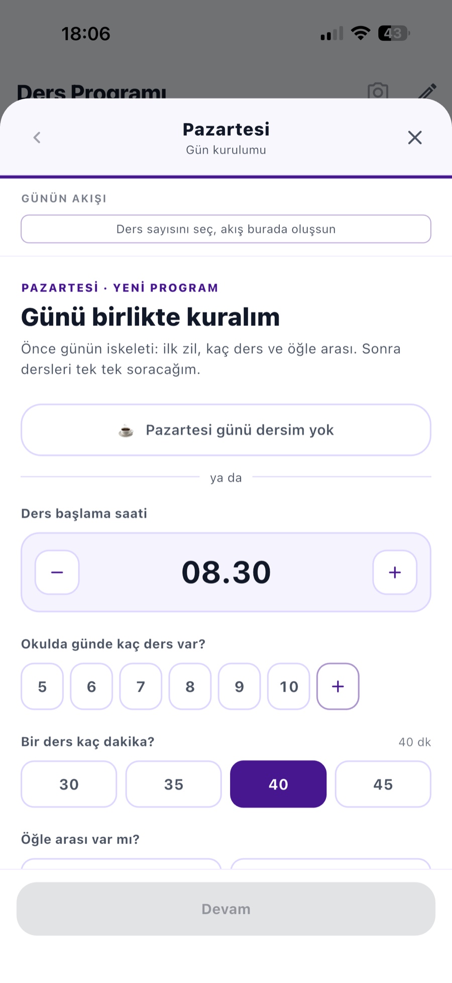 Ders programı gün kurulumu